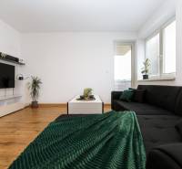 Living room in a two-room apartment with a black sofa, wood-patterned flooring, and houseplants.