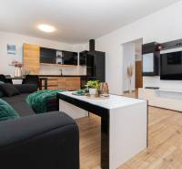Living room in a two-room apartment with a sofa, kitchen, and wooden decor flooring.