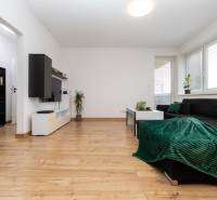 Living room in a 2-room apartment with a wooden decor floor, black sofa, decorations, shelves.