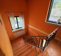 Orange walls of the staircase with metal railing in a family house.