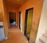 A hallway in a family house with orange walls and a wooden-patterned floor.