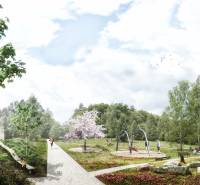 Park in Kováčová with a playground and benches, surrounded by greenery. Plots - residential.