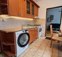 A kitchen in a studio apartment with a washing machine and a dining table, wooden decor flooring.