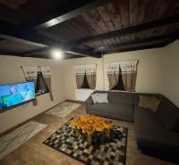 A living room interior in a cabin with a comfortable sofa, TV, and a wooden decor floor.