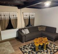 Living room in a cabin with a brown sofa and a decorative table.
