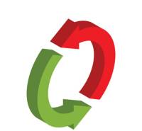 Two colored curved arrows, green and red, with the real estate agency logo.
