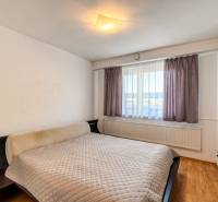 Bedroom in a family house with a bed, a wall-mounted television, and flooring with a wooden decor.