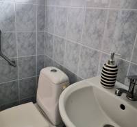 A bathroom in a family house with a sink, toilet, and gray tiles.
