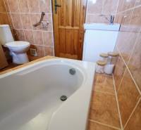 Bathroom in a family house with a shower bath and toilet with tiling.
