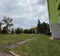 Green apartment building and grassy area on Lesnícka Street in Košice, Západ district, 4-room apartment.