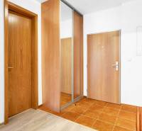 An entrance hall with wooden doors, a mirrored wardrobe, and a wood-patterned floor.