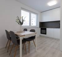 A kitchen with a dining table in a 2-room apartment, floor with wooden decor.