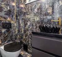 A bathroom in a family house with a black toilet and a marble sink.
