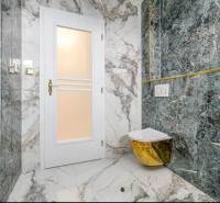 Bathroom with marble tiles and a golden toilet in a family house.