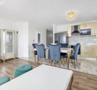 Living room in a family house with a kitchen, marble decor, and wood-patterned flooring.