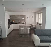 Living room with kitchen in a two-room apartment with a wooden decor floor.