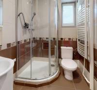 Bathroom in a family house with a toilet, shower, and sink. Cream and brown tiles.
