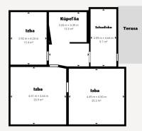Floor plan of a family house in Pruské with four rooms and a terrace.