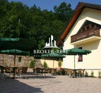 Terrace at the guesthouse in Košice - Sever with rattan furniture and umbrellas.