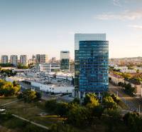 View of offices in Bratislava on Vajnorská Street with a panorama of the city.