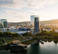 View of offices in Bratislava - Nové Mesto, Vajnorská, and towers by the lake.