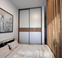 A bedroom with a bed, a painting, and a wardrobe in a studio apartment.