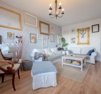 Living room in a 3-room apartment with a comfortable sofa, decorations, and a wooden-patterned floor.
