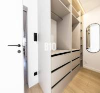 Built-in wardrobe in a 3-room apartment with a wooden decor floor and a mirror.
