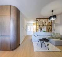 Living room in a 3-room apartment with a sofa, wooden decor, and a built-in kitchen.
