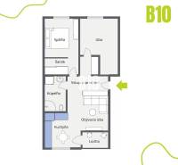 Floor plan of a 3-room apartment with a bathroom, walk-in closet, kitchen, loggia, and living room.