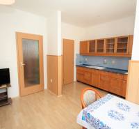 A kitchen in a studio apartment with a wood-patterned floor, kitchen unit, and television.