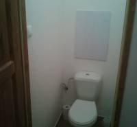 A toilet in a one-room apartment with a white wall and brown doors.