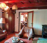 Living room in a cottage with leather armchairs, a wood-burning stove, and wooden decor.
