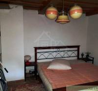 A bedroom with a bed, a lamp, and a ceiling light in a cabin.