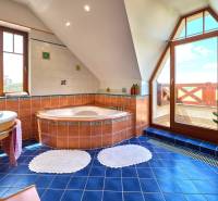 Bathroom with a corner bathtub, blue tiles, and large windows in a villa.