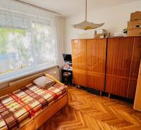 A room in a 3-room apartment with a wood-patterned floor, a bed, and a wardrobe.