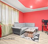 Living room in a family house with a gray sofa, red walls, and a wood-patterned floor.