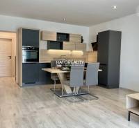 A kitchen in a 3-room apartment with a kitchenette and a dining table, flooring with a wooden decor.