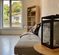 Living room in a 3-room apartment with a wood-patterned floor and a large window.