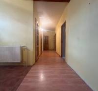 A hallway in a family house with a wooden decor floor and a wooden ceiling.