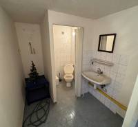 A bathroom in a family house with a toilet, sink, and tiled floor.