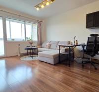 Living room in a three-room apartment with a wooden decor floor, a comfortable couch, and a work desk.