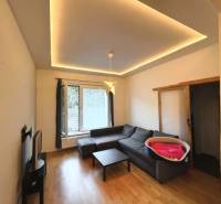 Living room in a family house with a corner sofa and a floor with a wooden decor.