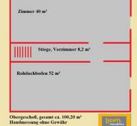Floor plan of a family house with zones: room 40 m², hallway 8.2 m², attic 52 m².