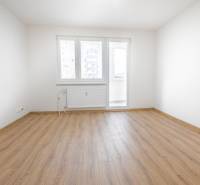 An empty room in a 3-room apartment with a wood-patterned floor and a window.