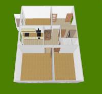 Floor plan of a 3-room apartment with a kitchen and wooden decor flooring.