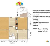Floor plan of a 3-room apartment with a balcony, flooring with wood decor.