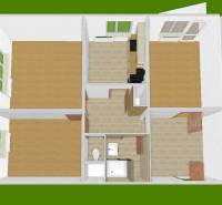 The floor plan of a 3-room apartment shows rooms with wood-patterned flooring and furniture.