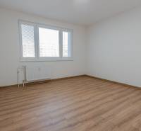 A bright room in a 3-room apartment with a wood-patterned floor and a large window.