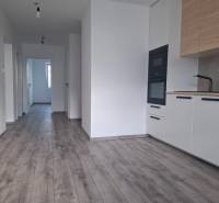 The kitchen of a 3-room apartment with white cabinets, a wooden decor floor, and a hallway.